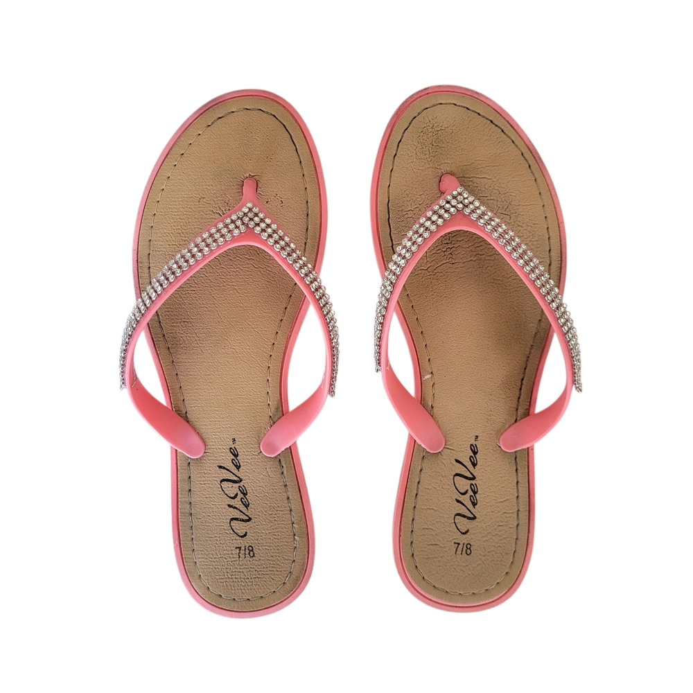 Women's Wide With Pink VeeVee Thong Sandal With Rhinestones. Size 7/8